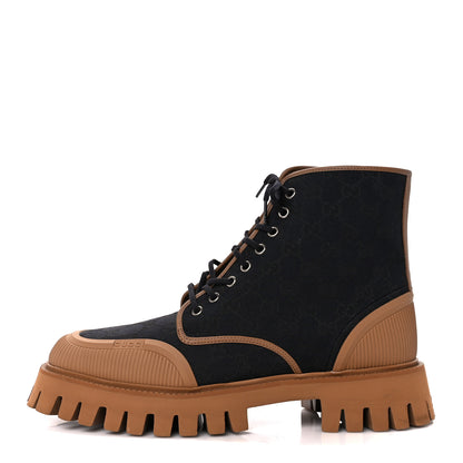 Gucci Monogram Miro Soft Calfskin Mens Lace Up Combat Boots 11 Black Koi Beige 1 of 8