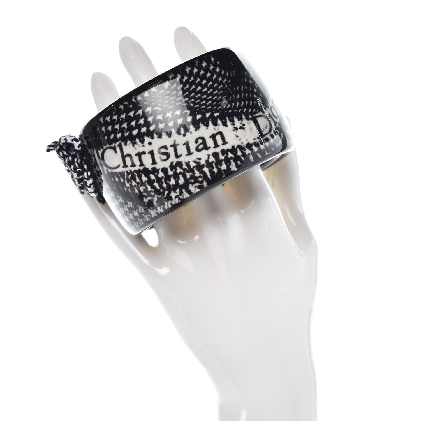 Resin Tweed Crystal Houndstooth Print Wide Bracelet Black