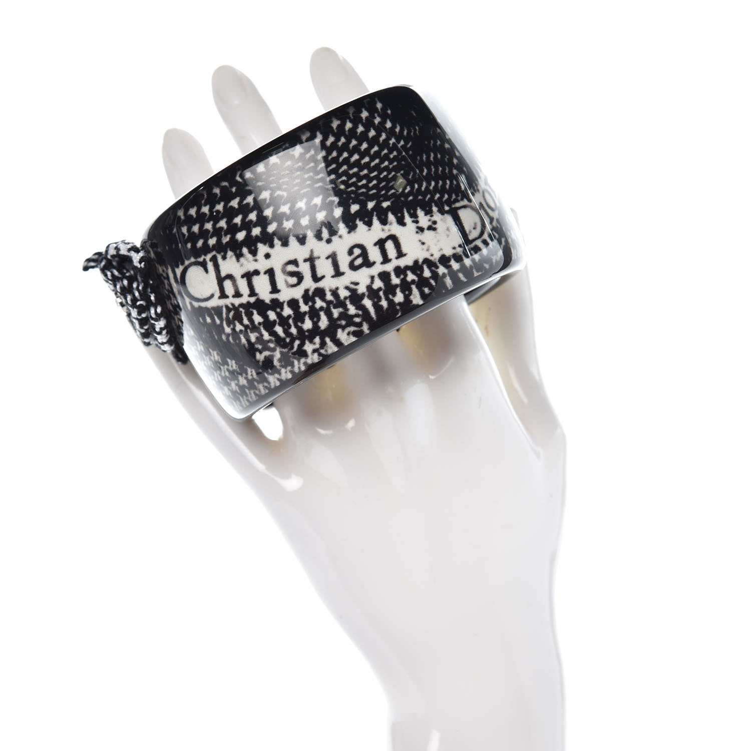 Christian Dior Resin Tweed Crystal Houndstooth Print Wide Bracelet Black 2 of 4