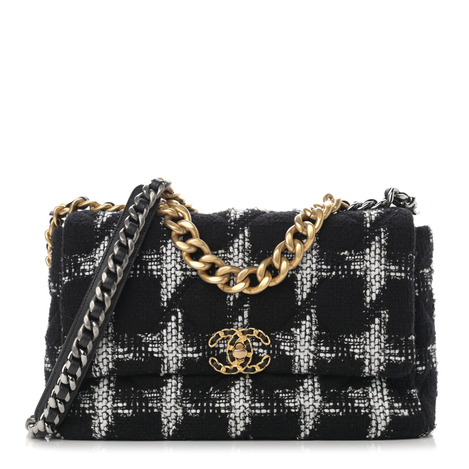 Chanel Tweed Quilted Large Chanel 19 Flap Black White 1 of 12