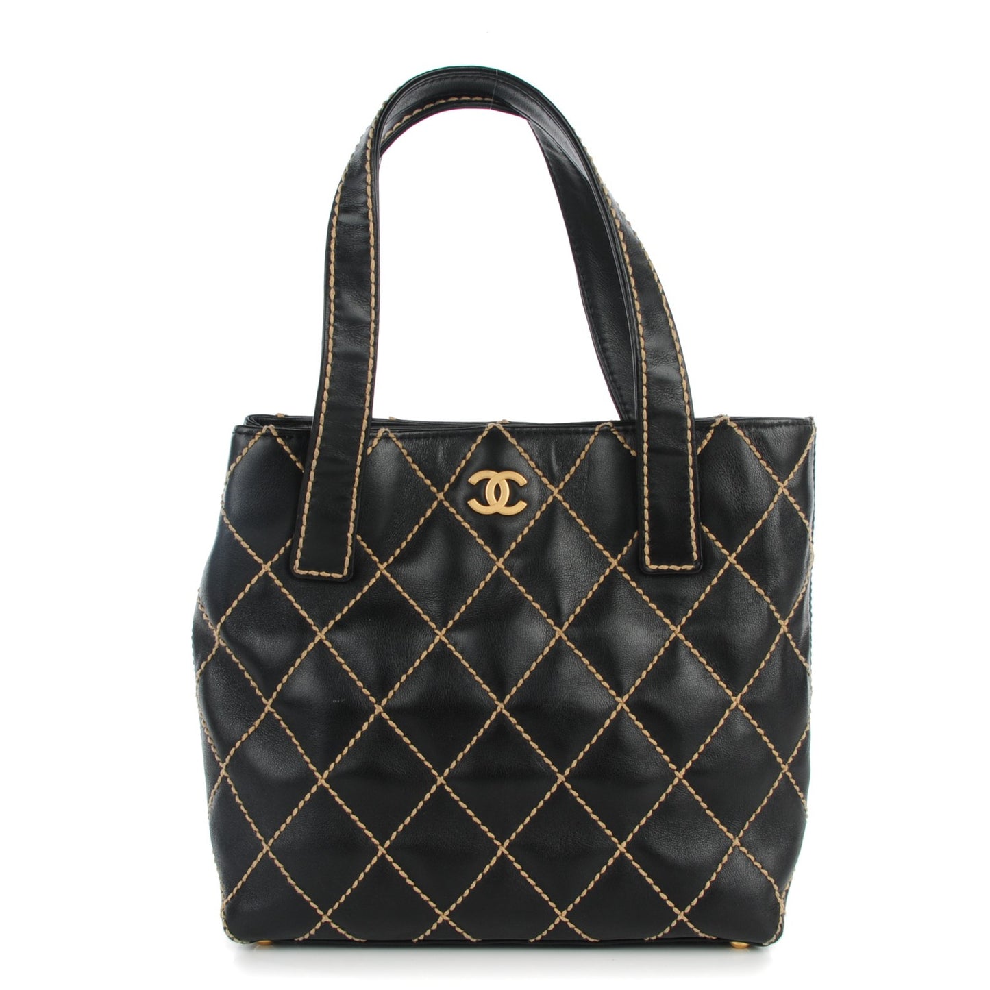 Calfskin Contrast Stitch Surpique Tote Black