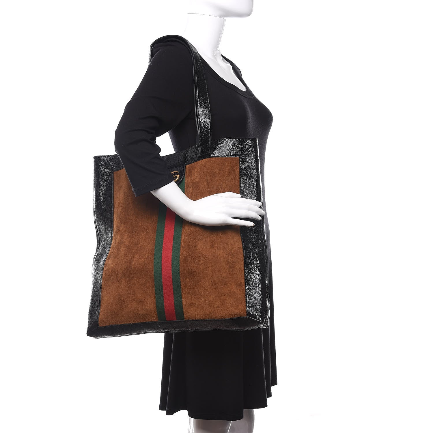 Gucci Suede Patent Web Large Ophidia Vertical Shopping Tote Nocciola Black 2 of 8