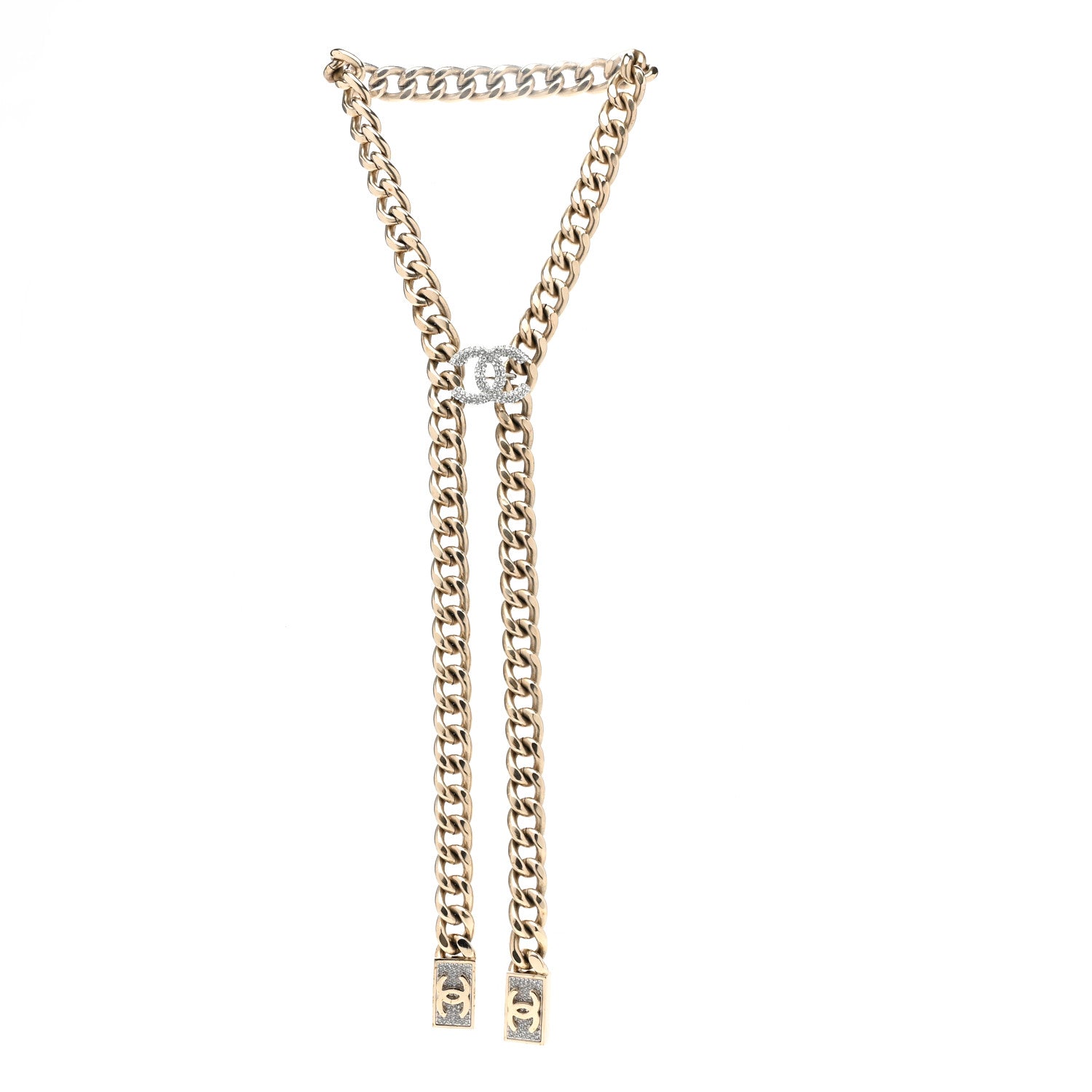 Chanel Chain Link Crystal CC Dog Tag Charm Necklace Gold 3 of 5