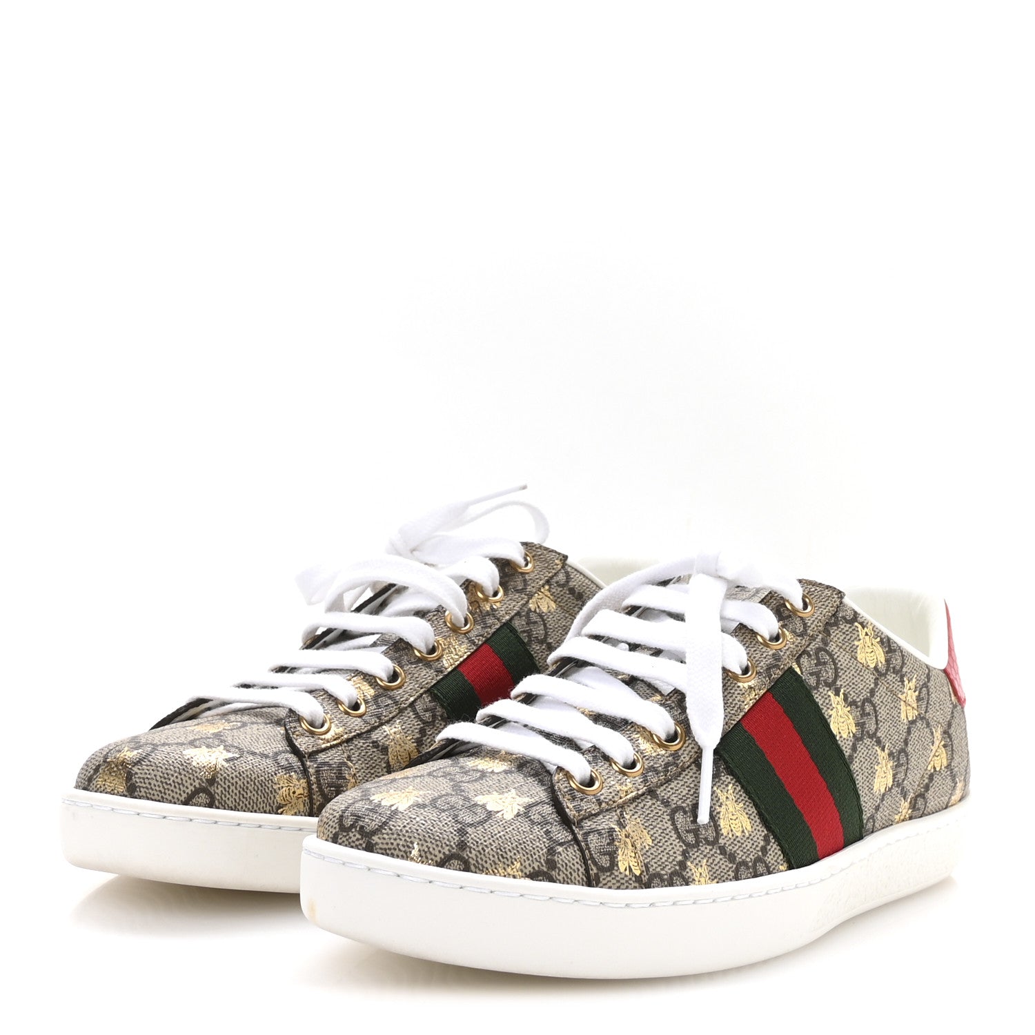 Gucci GG Supreme Monogram Bees Ayers Web Womens Ace Sneakers 37 Beige Oro Green Red 4 of 9