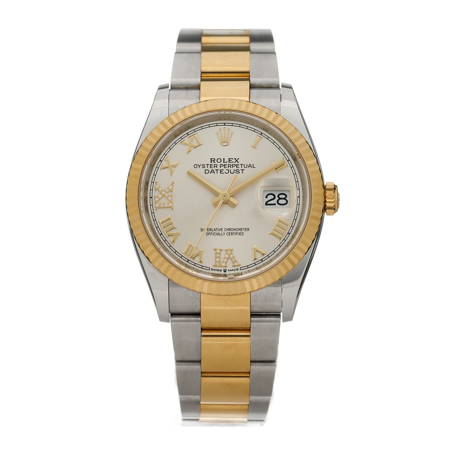 Stainless Steel 18K Yellow Gold Diamond 36mm Oyster Perpetual Datejust Watch Silver Roman 126233
