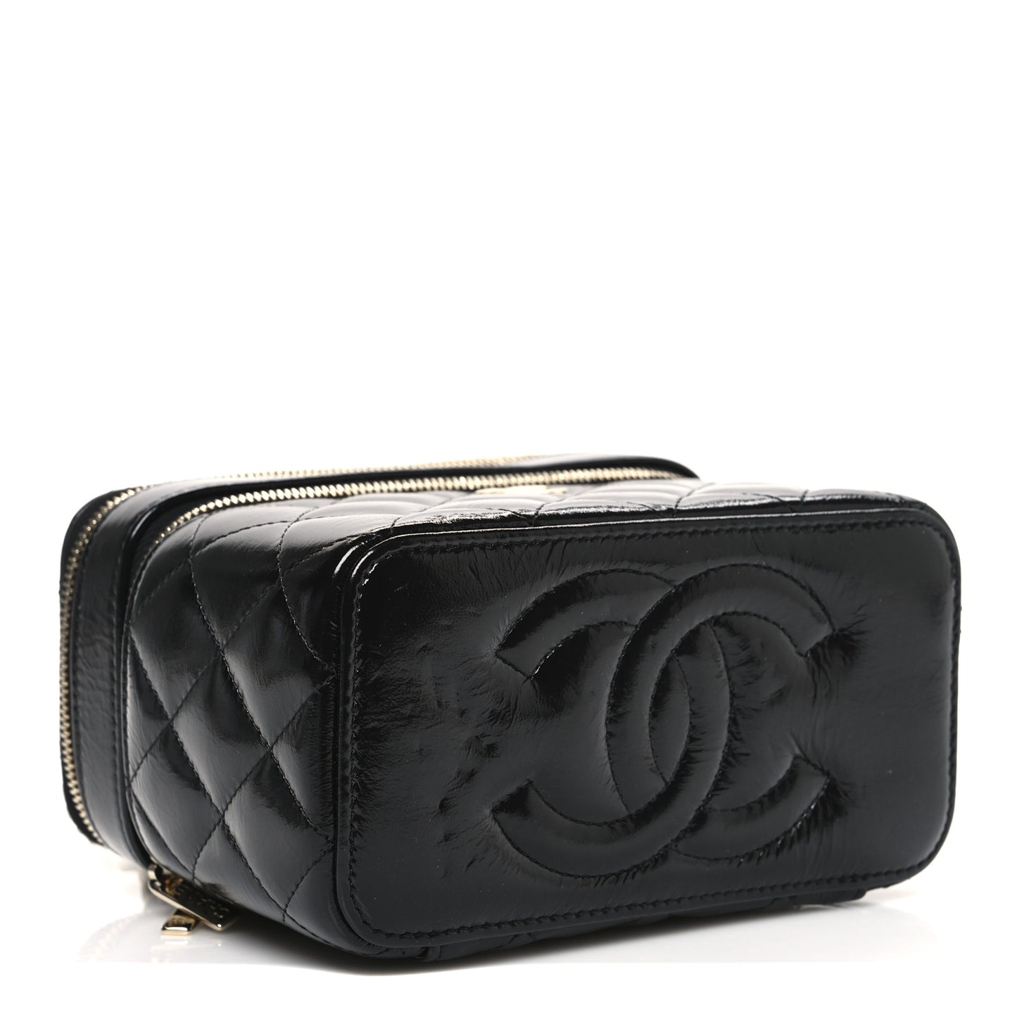 Shiny Lambskin Quilted Top Handle Vanity Case With Chain Black
