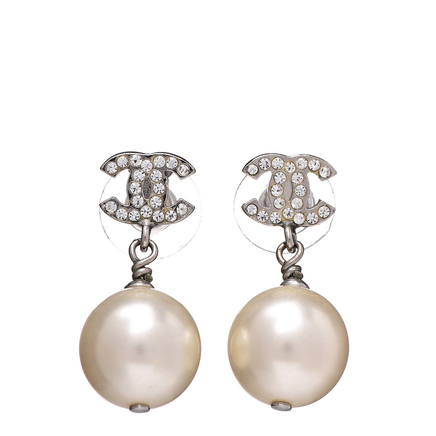 Crystal Pearl CC Drop Earrings Silver