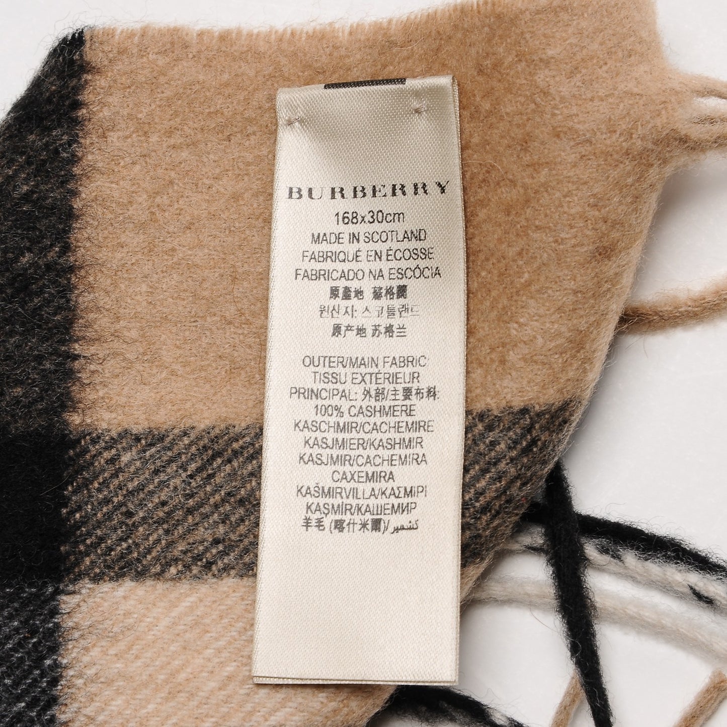 Cashmere Giant Check Fringe Scarf Camel