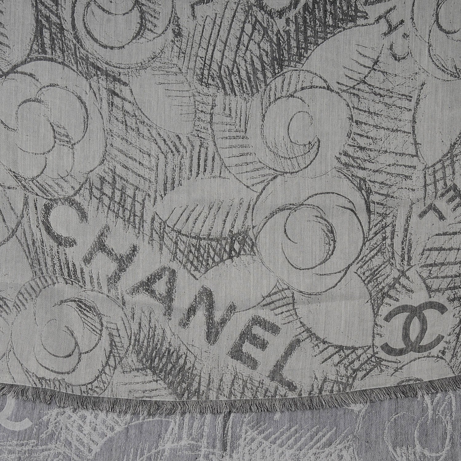 Chanel Cashmere Silk Camellia Scarf Shawl Grey 1 of 5