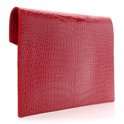 Saint Laurent Calfskin Crocodile Embossed Uptown Monogram Clutch Rouge Eros 2 of 4