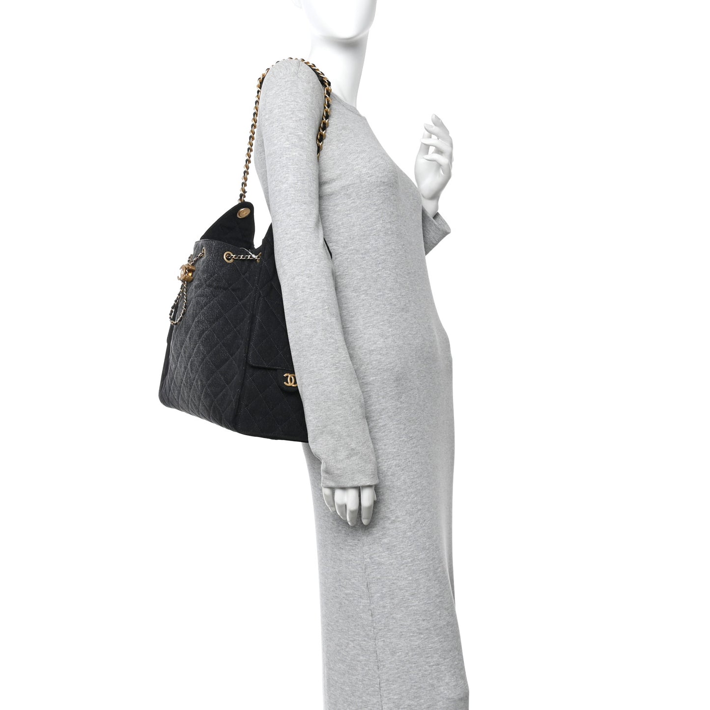 Washed Denim Quilted Medium Chanel 25 Handbag Black