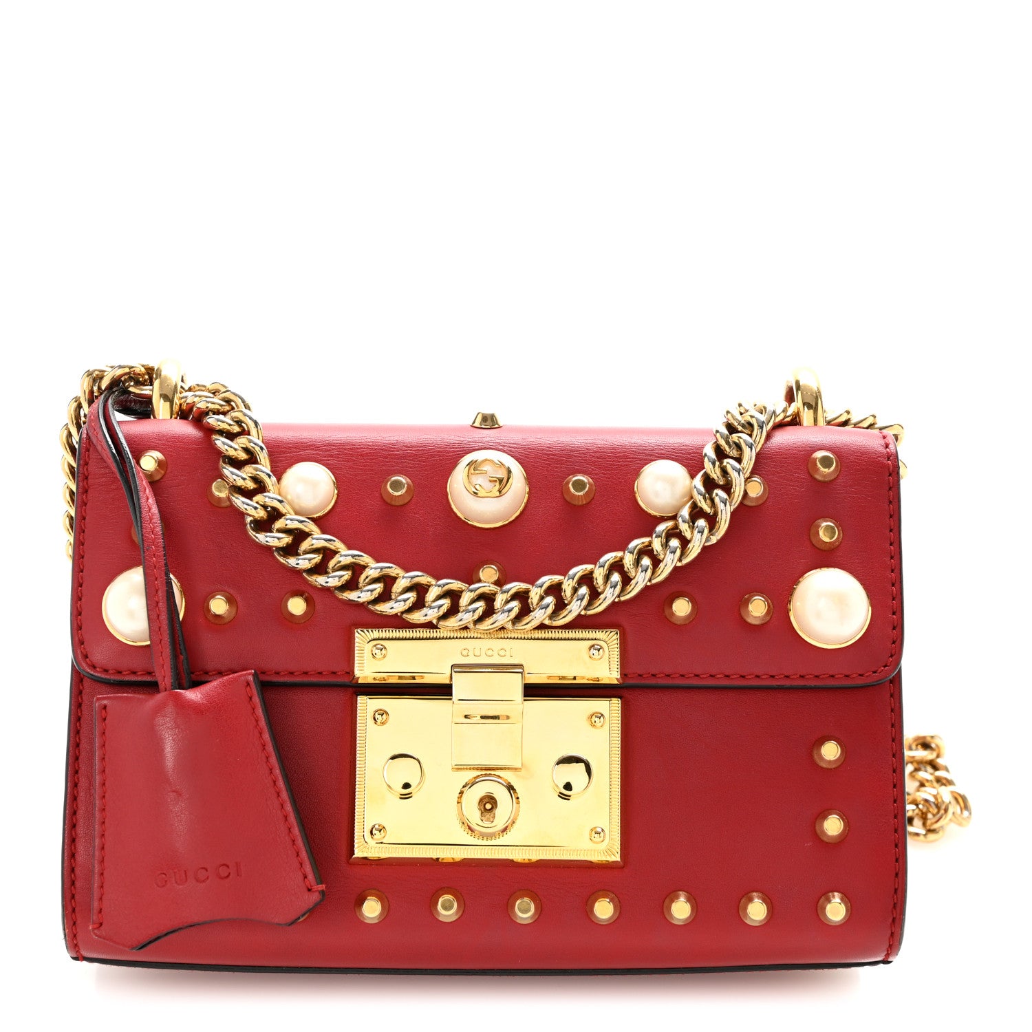 Gucci Calfskin Studded Small Padlock Shoulder Bag Hibiscus Red 1 of 14