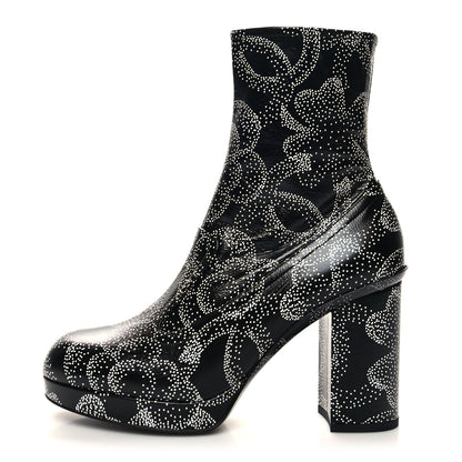 Chanel Calfskin Camellia Printed Ankle Boots 39.5 Black White 1 of 8