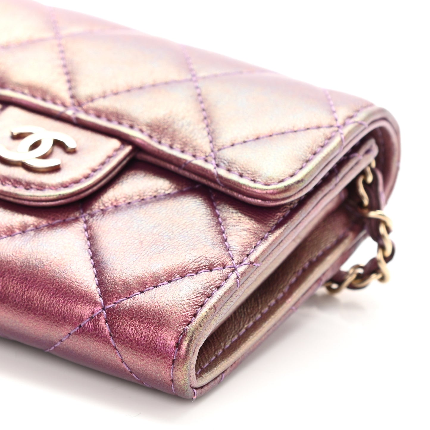Iridescent Lambskin Quilted Flap Card Holder On Chain Purple