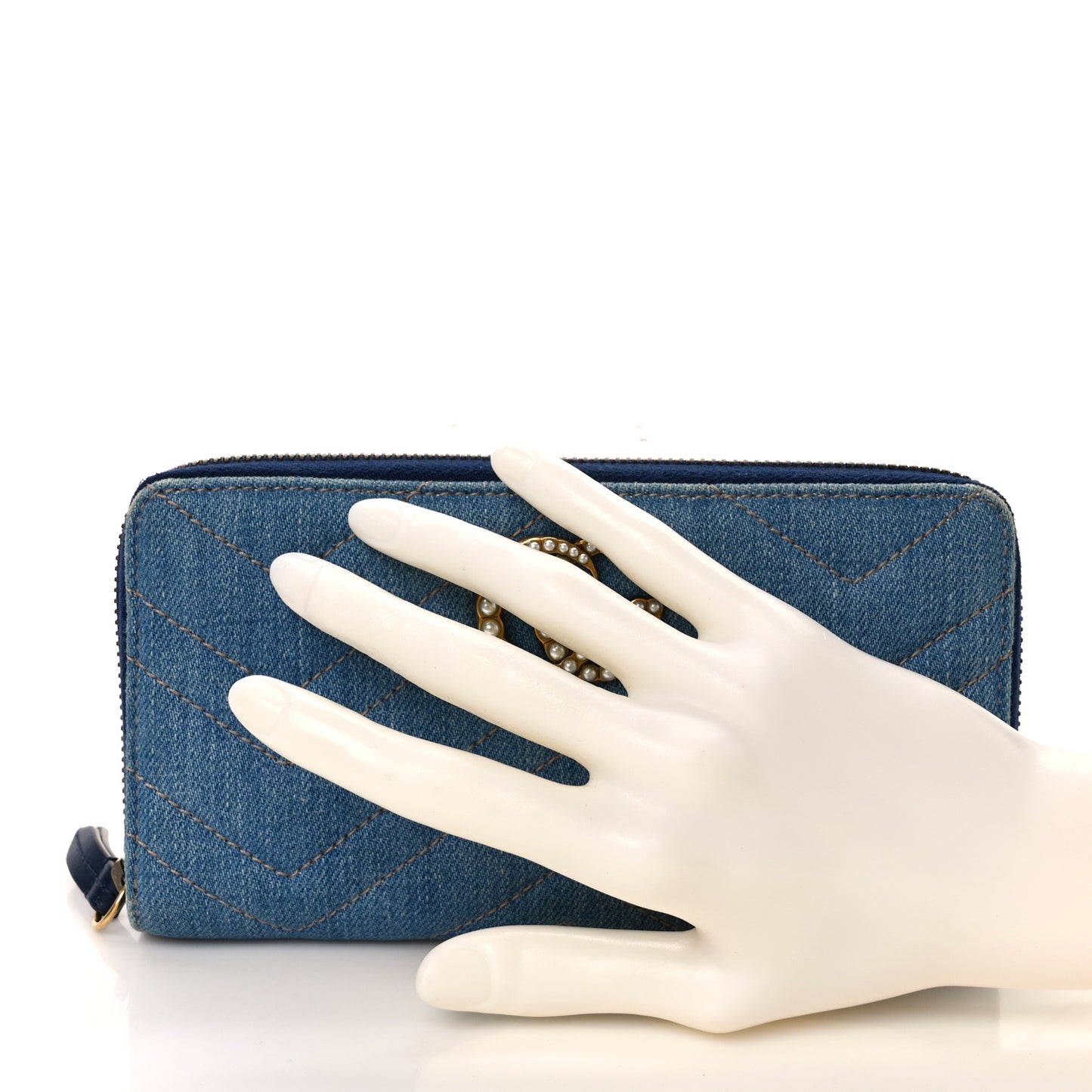Denim Matelasse Pearly GG Marmont Zip Around Wallet Blue