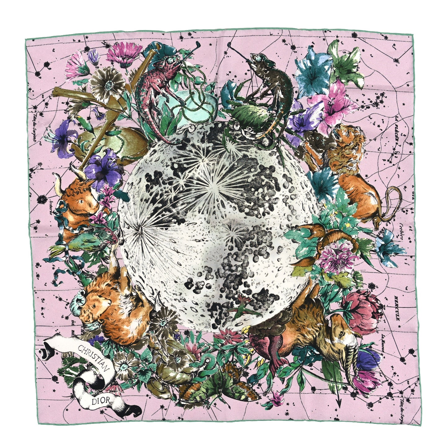 Silk Zodiac Print Square Scarf 90 Pink Multicolor