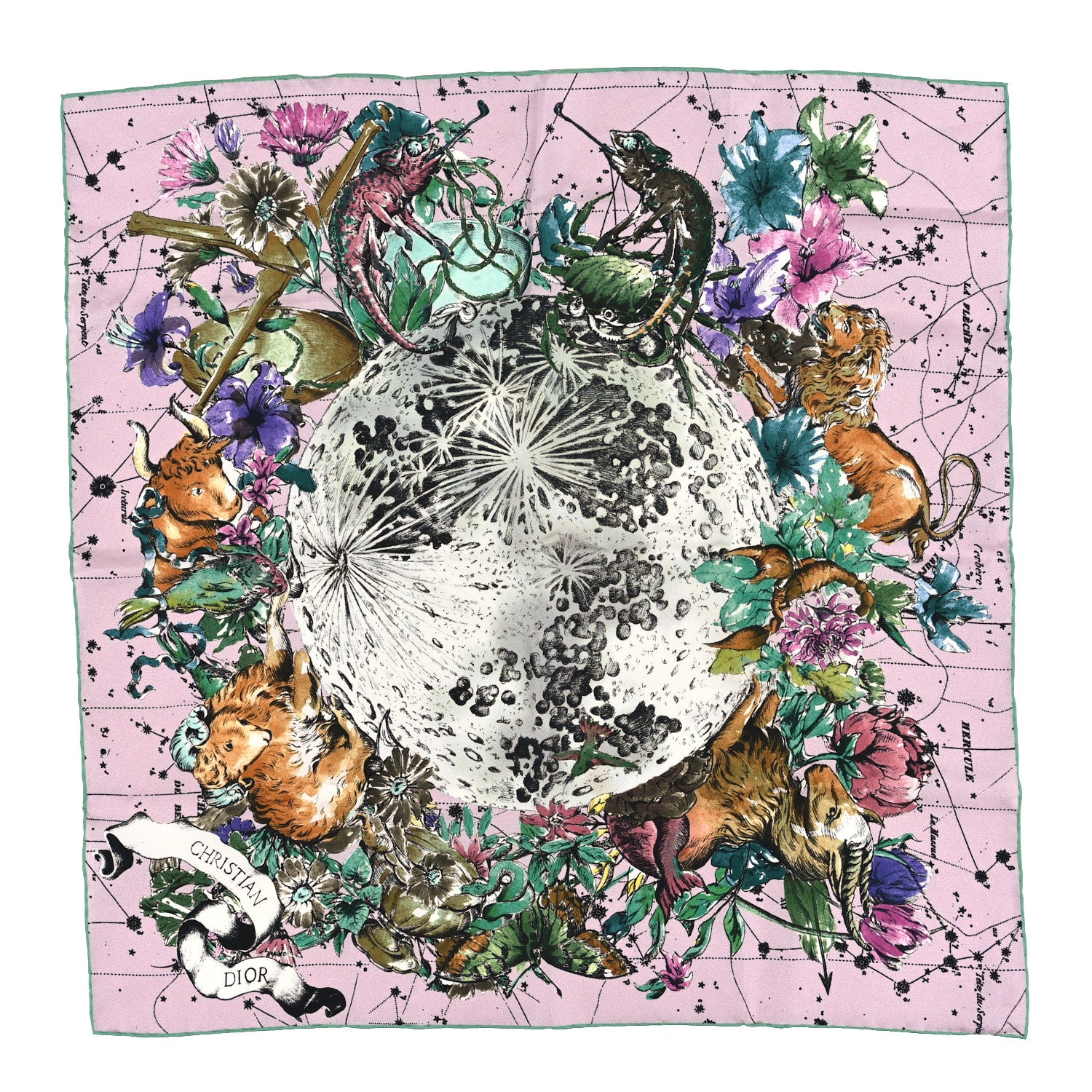 Christian Dior Silk Zodiac Print Square Scarf 90 Pink Multicolor 1 of 3