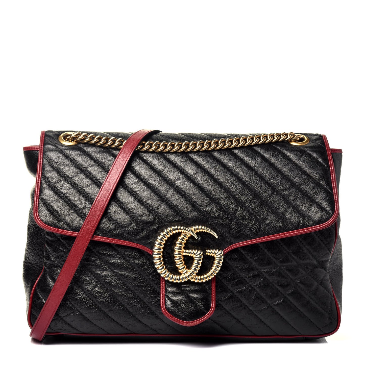 Vintage Effect Calfskin Matelasse Diagonal Large Torchon GG Marmont Shoulder Bag Black Romantic Cherry