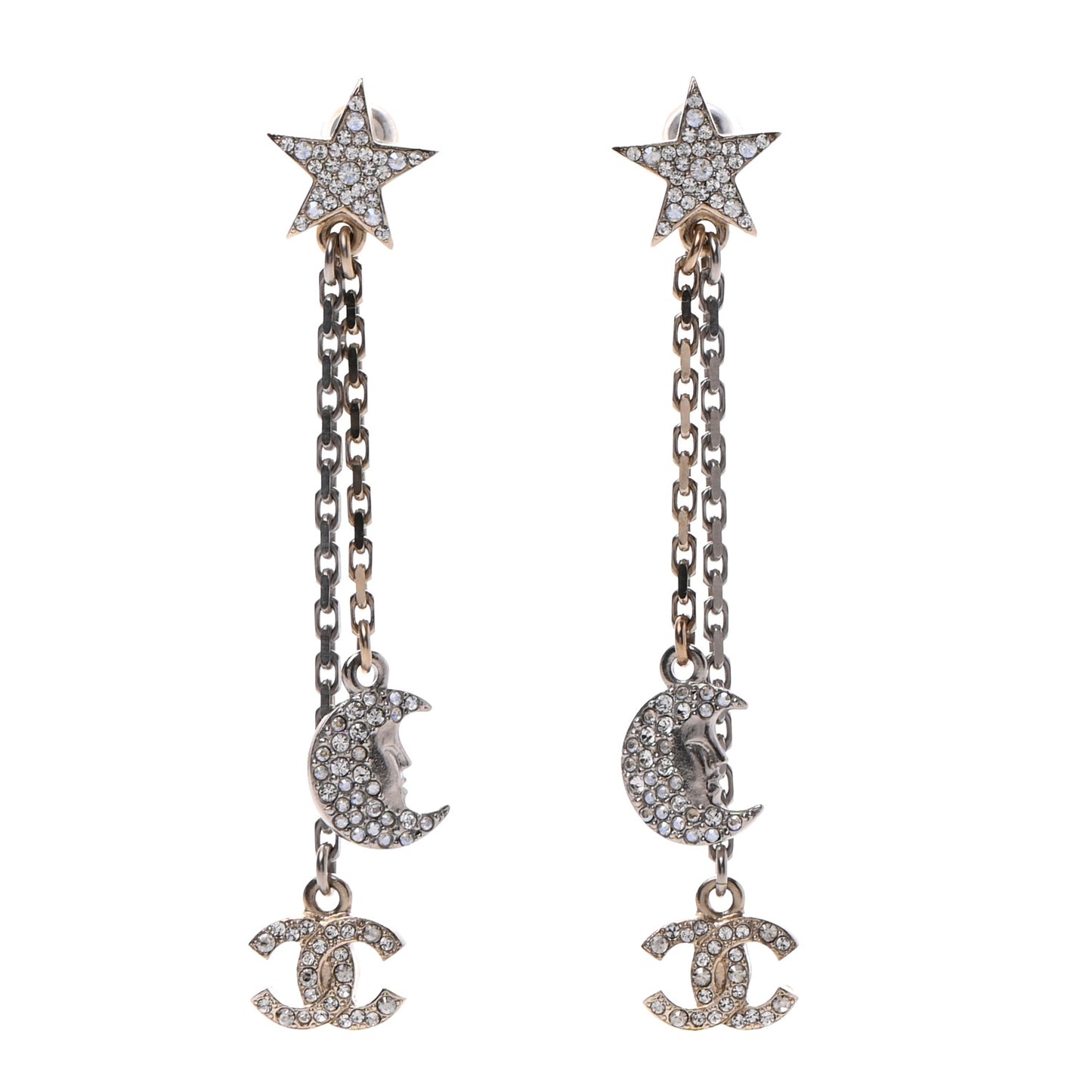 Crystal CC Star Moon Dangle Earrings Silver Gold