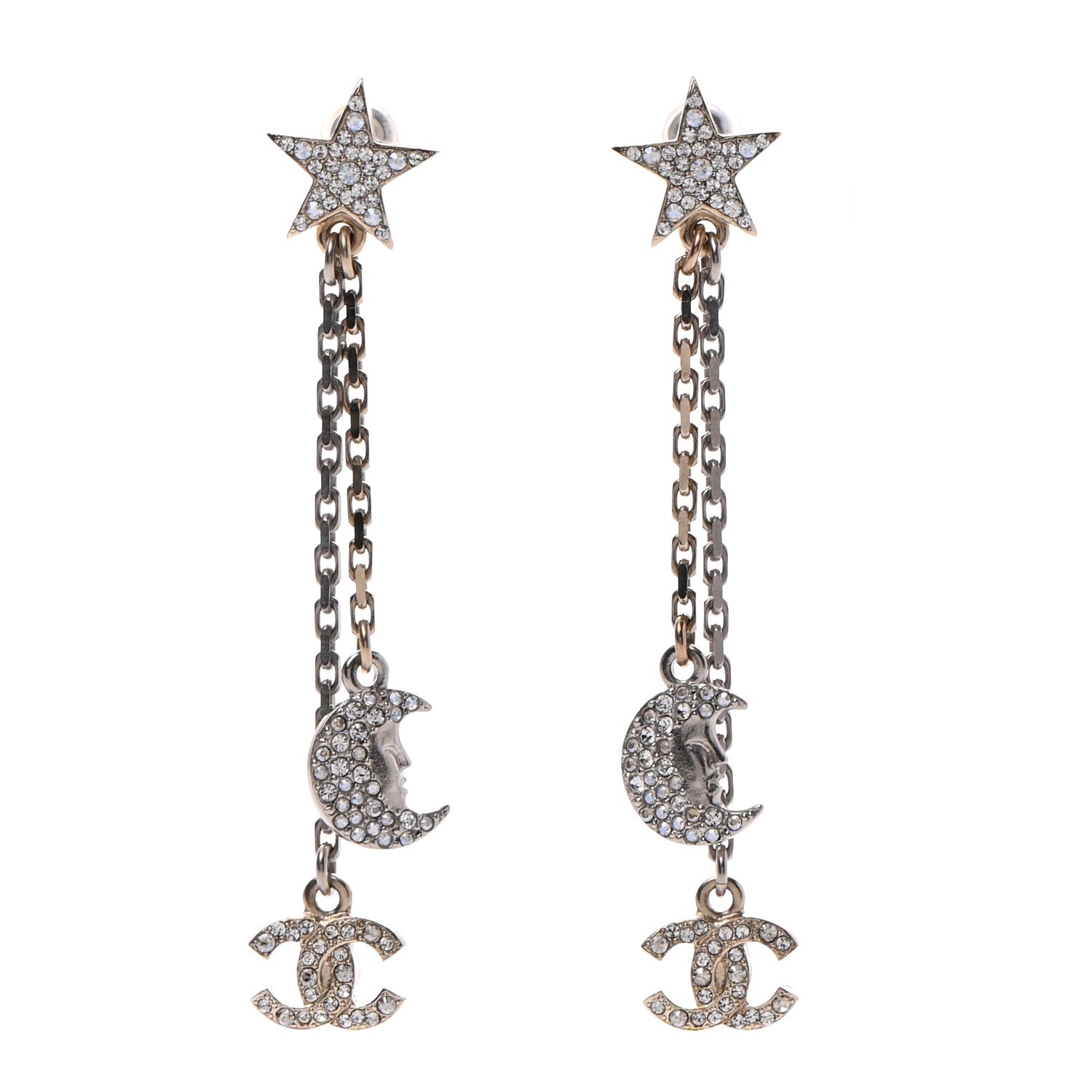 Chanel Crystal CC Star Moon Dangle Earrings Silver Gold 1 of 5