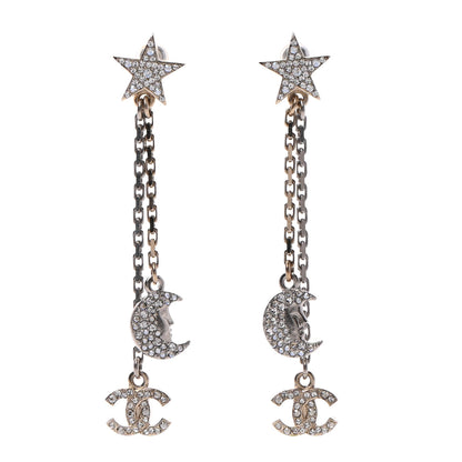 Chanel Crystal CC Star Moon Dangle Earrings Silver Gold 1 of 5