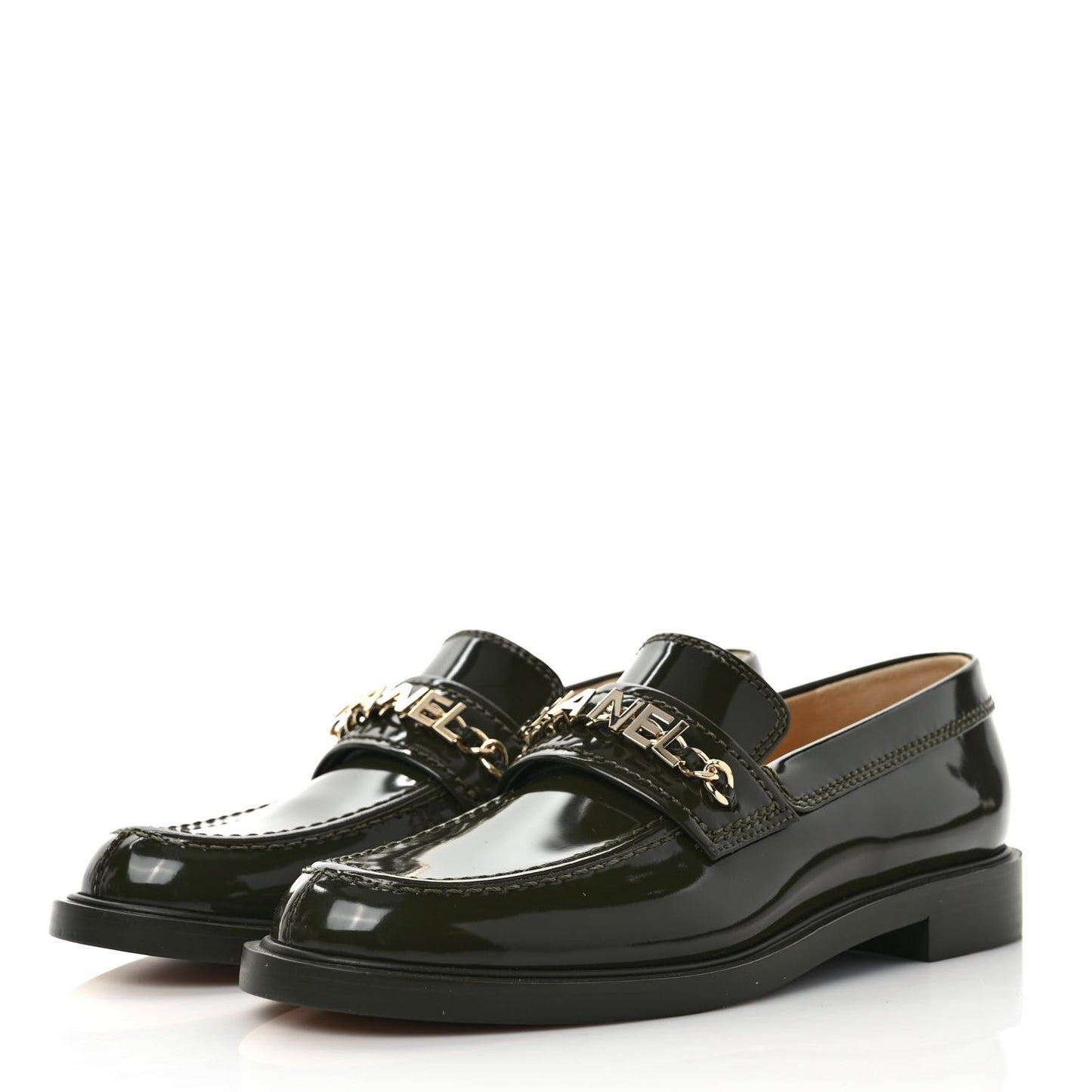Shiny Calfskin Logo Loafers 38.5 Green