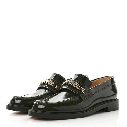 Chanel Shiny Calfskin Logo Loafers 38.5 Green 3 of 9