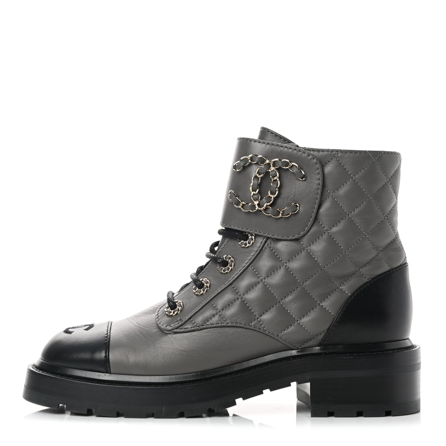 Shiny Lambskin Quilted Lace Up Combat Boots 37 Grey Black