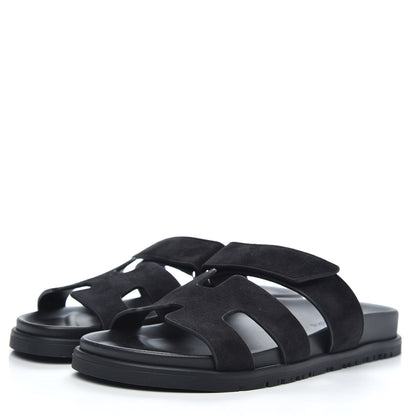Hermes Suede Goatskin Womens Chypre Sandals 37 Black 3 of 9