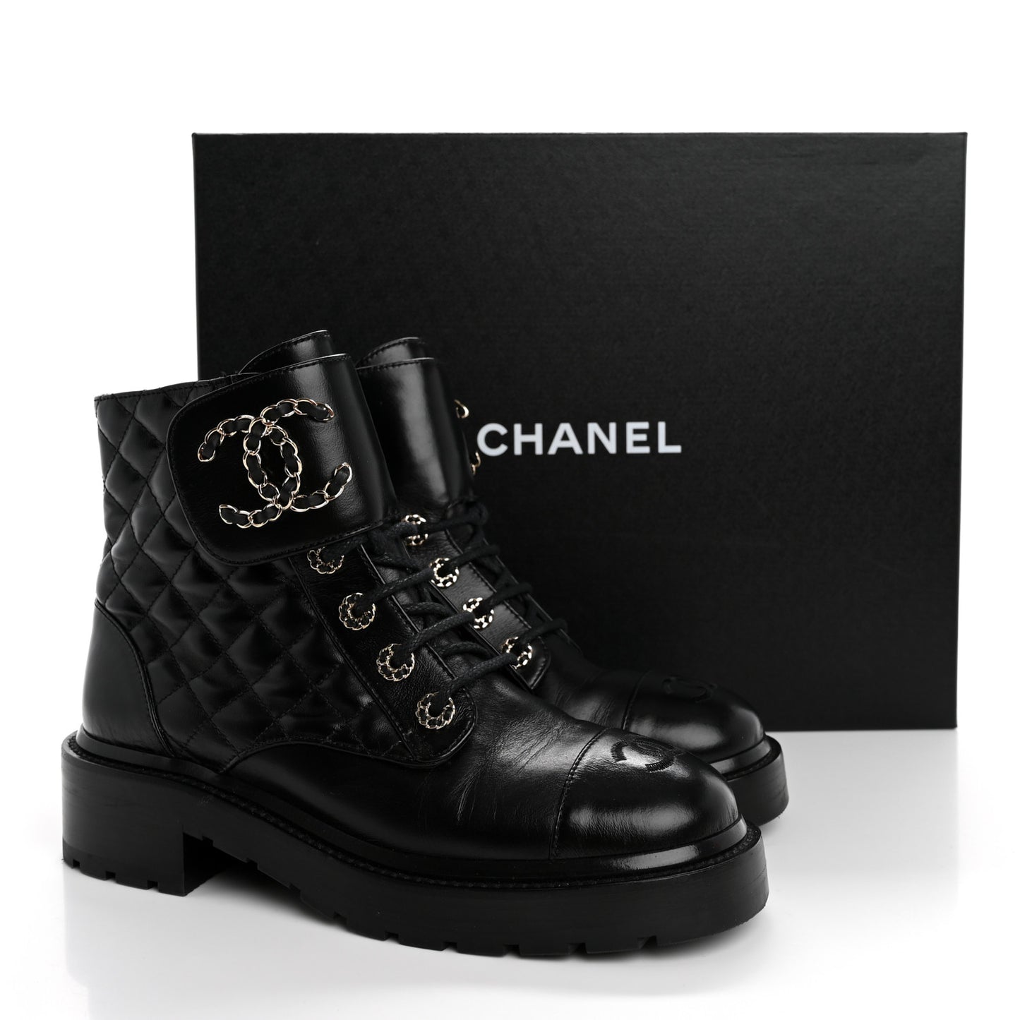 Shiny Calfskin Quilted Lace Up Combat Boots 37.5 Black