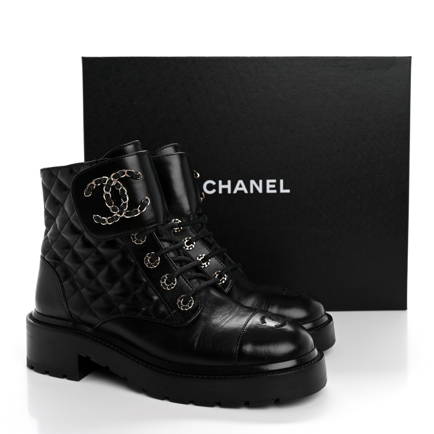 Chanel Shiny Calfskin Quilted Lace Up Combat Boots 37.5 Black 12 of 12