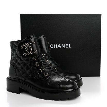 Chanel Shiny Calfskin Quilted Lace Up Combat Boots 37.5 Black 12 of 12