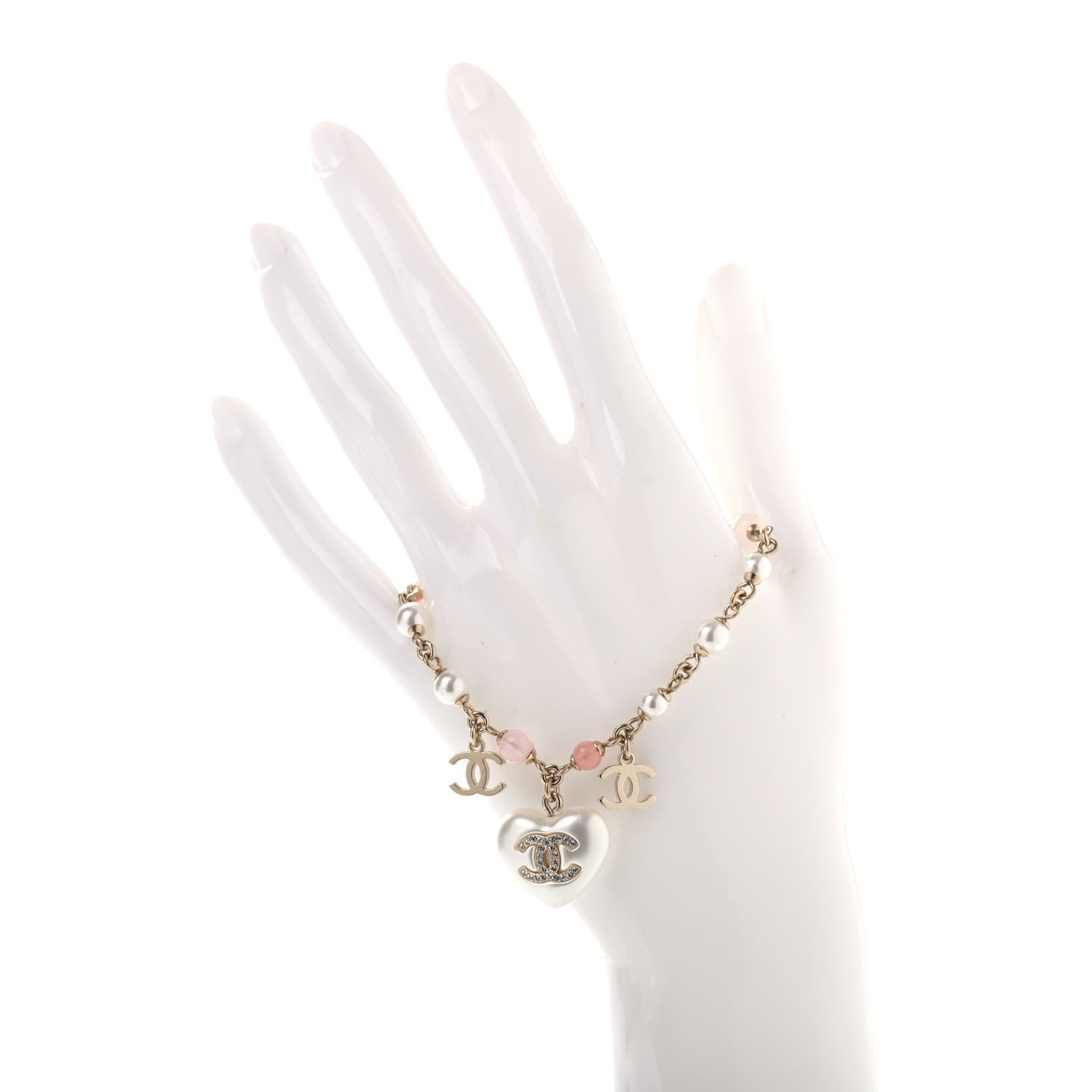 Chanel Pearl Crystal CC Heart Bracelet Pearly White Pink Gold 2 of 4