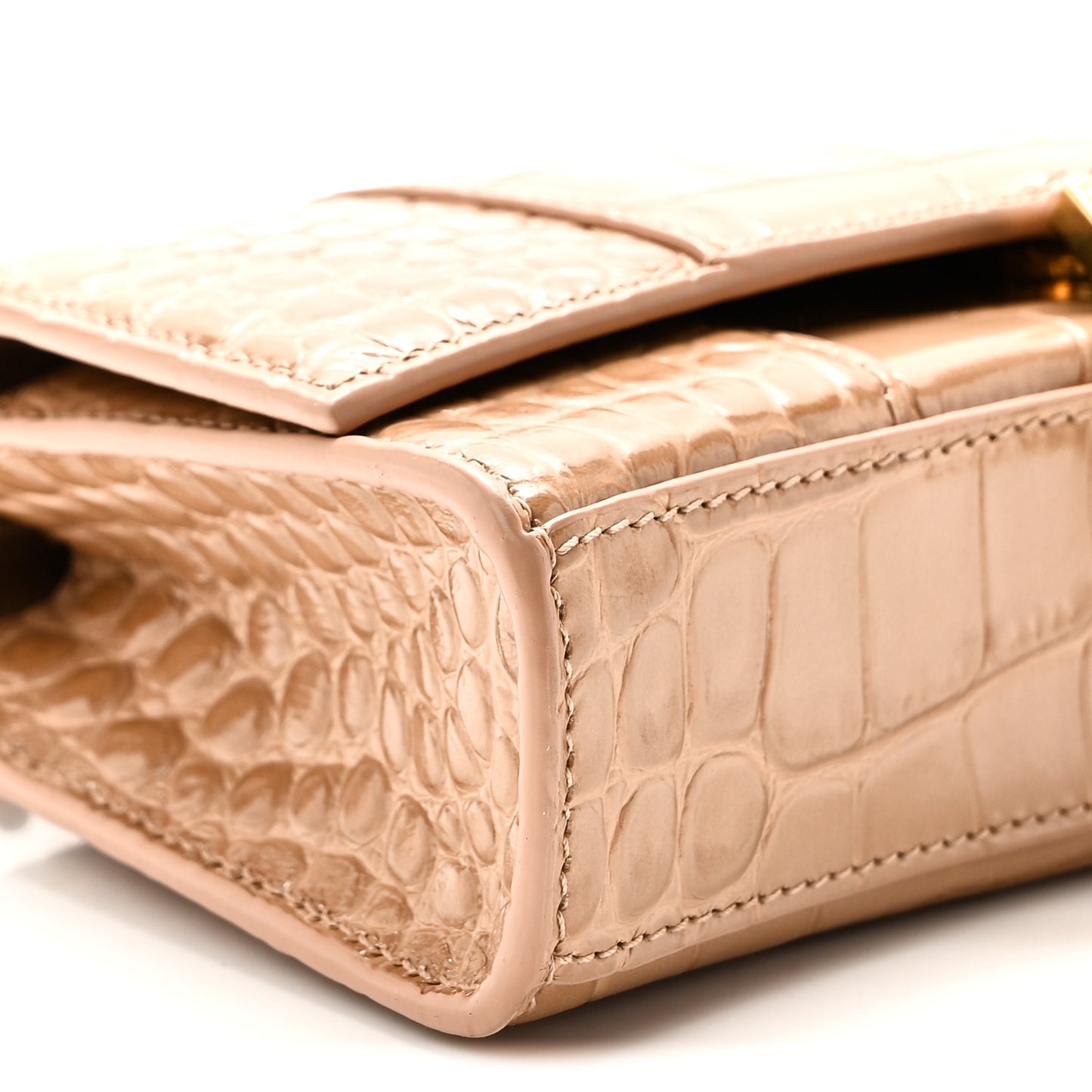 Shiny Calfskin Crocodile Embossed Hourglass Chain Bag Nude Beige