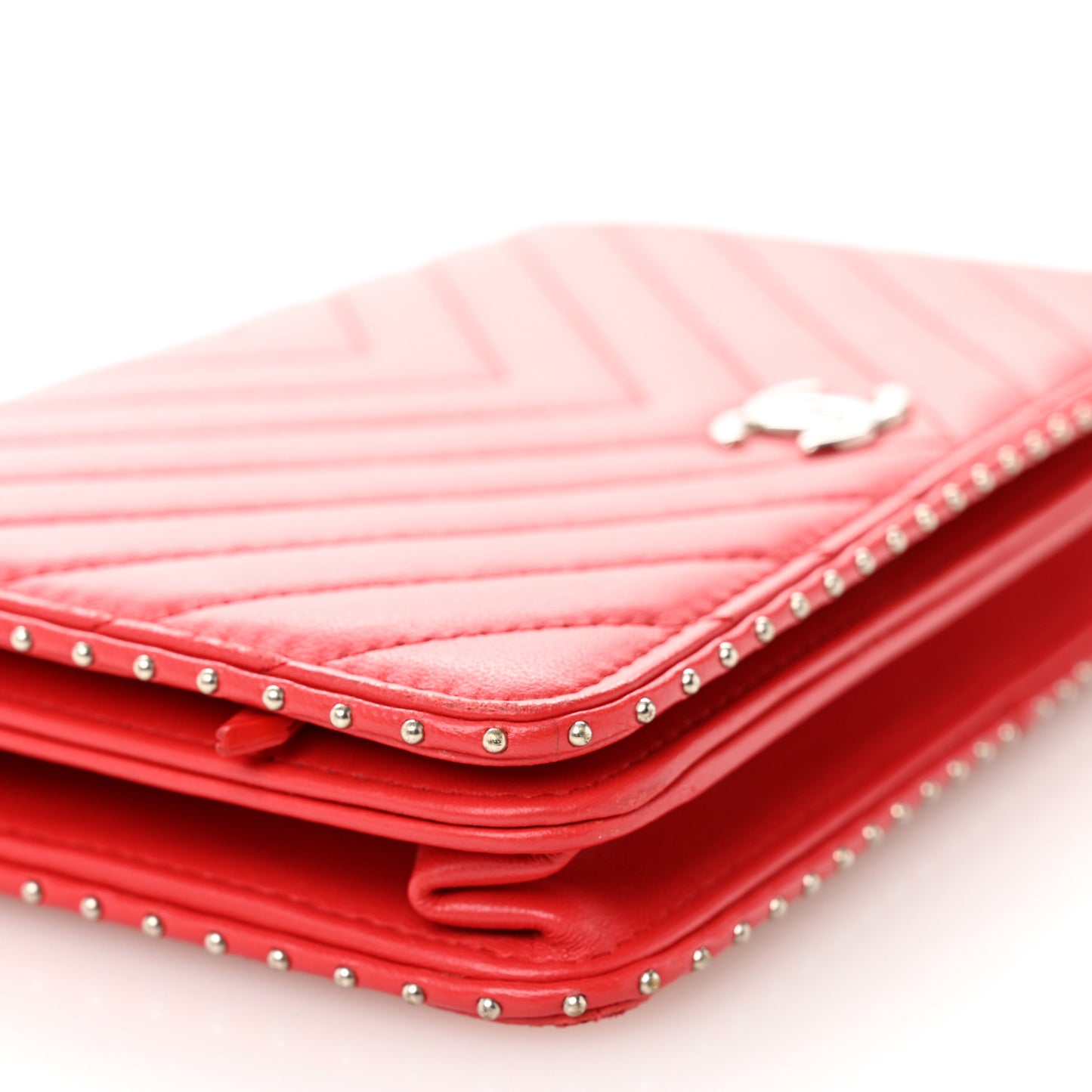 Lambskin Chevron Quilted Studded Wallet On Chain WOC Light Red