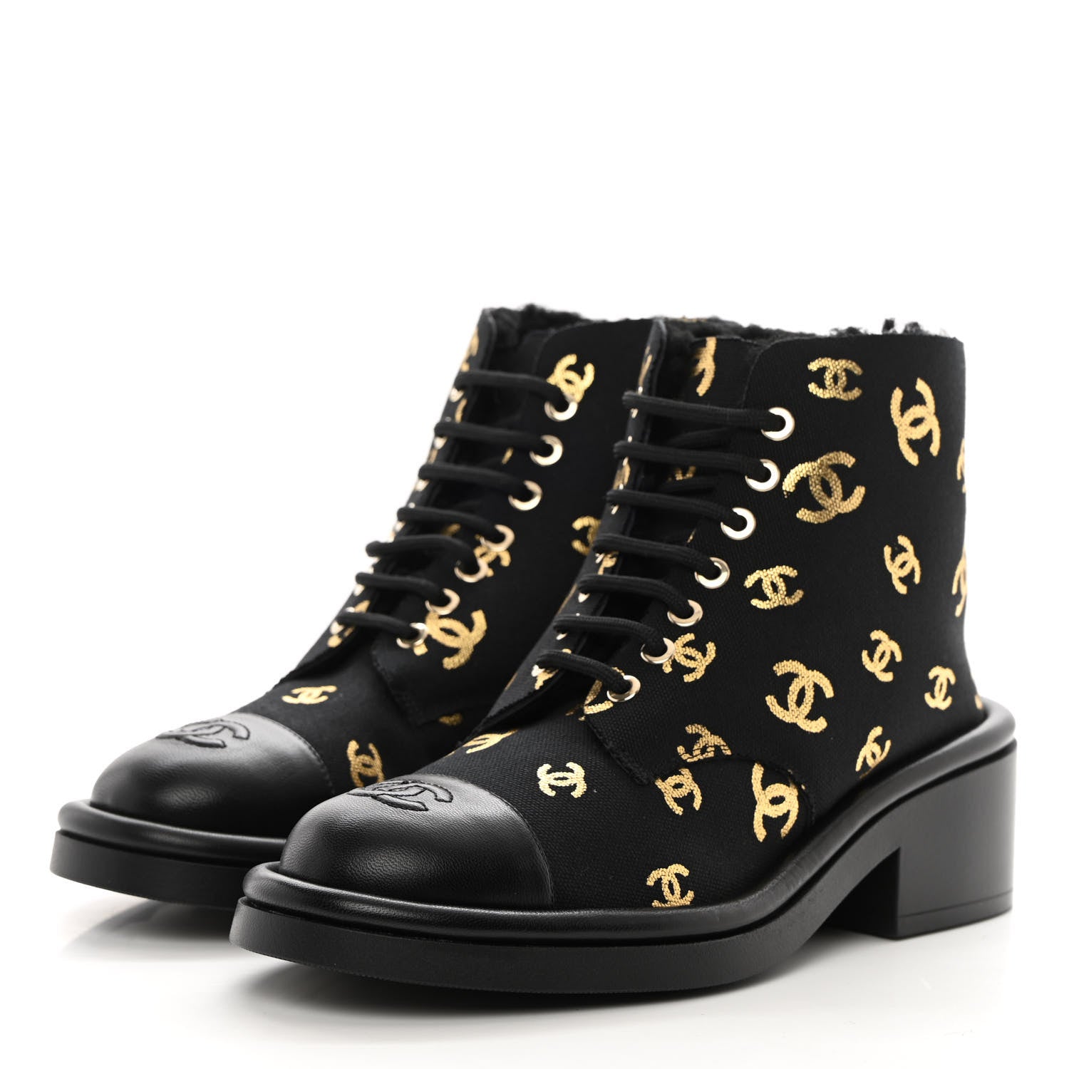 Chanel Lambskin Shearling Canvas CC Lace Up Boots 37.5 Black Gold 3 of 13