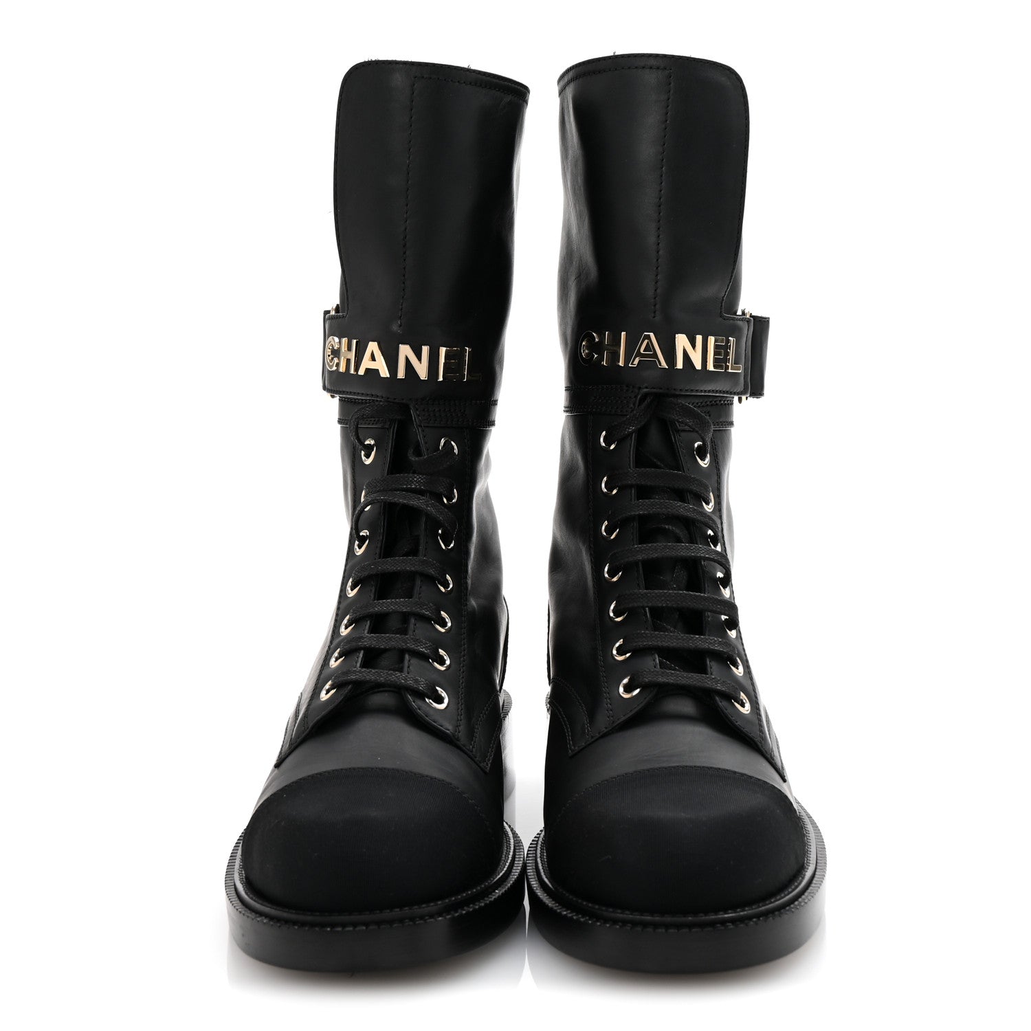 Chanel Shiny Calfskin Lace Up Combat Boots 38 Black 3 of 9