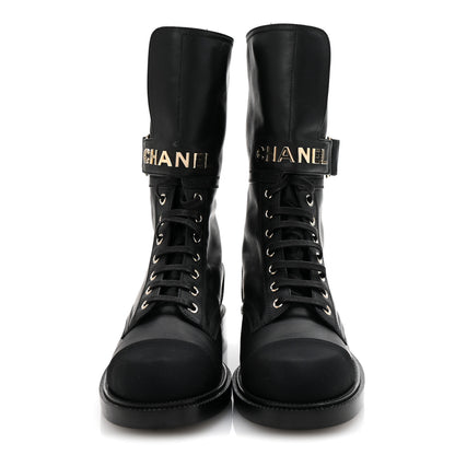 Chanel Shiny Calfskin Lace Up Combat Boots 38 Black 3 of 9