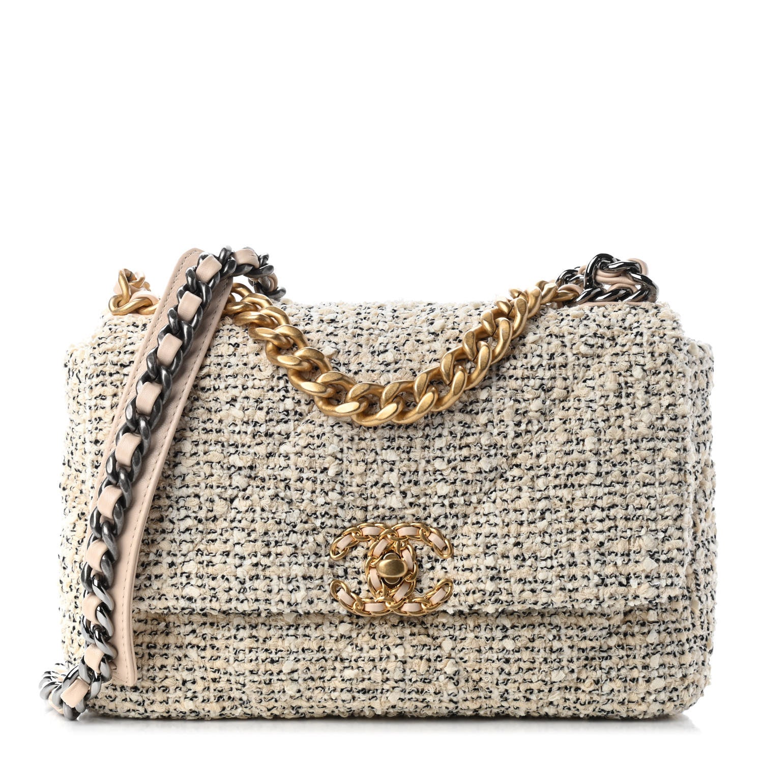 Chanel Tweed Quilted Medium Chanel 19 Flap Ecru Black 1 of 9