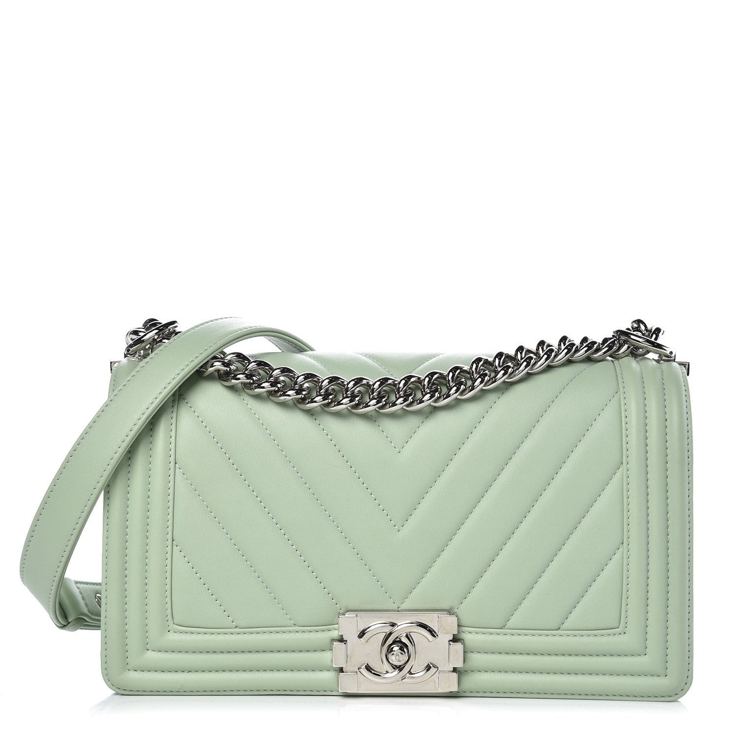 Calfskin Chevron Quilted Medium Boy Flap Light Green