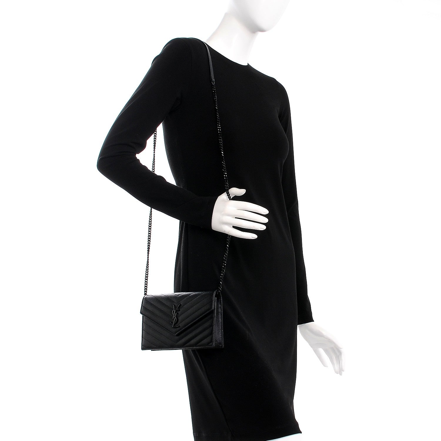 Saint Laurent Grain De Poudre Matelasse Chevron Monogram Envelope Chain Wallet Black 2 of 7
