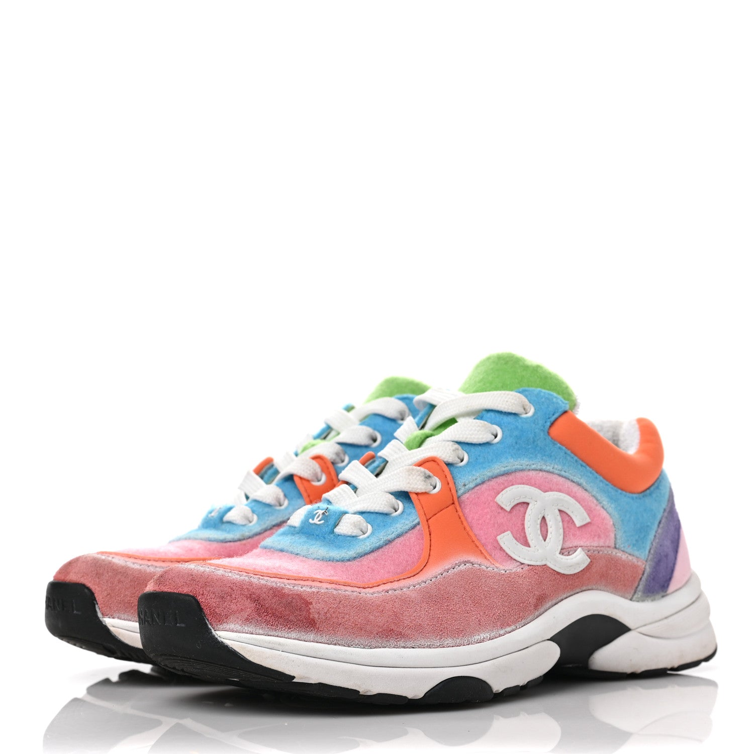Chanel Nylon Lambskin Suede Calfskin CC Sneakers 37 Coral Light Blue White 3 of 10