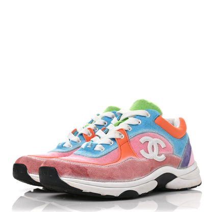 Chanel Nylon Lambskin Suede Calfskin CC Sneakers 37 Coral Light Blue White 3 of 10