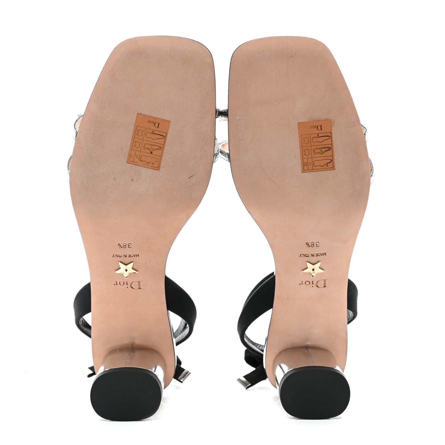 Christian Dior Laminated Calfskin Grosgrain Crystal Bow Ankle Strap 45mm Sandals 38.5 Silver Black 5 of 8