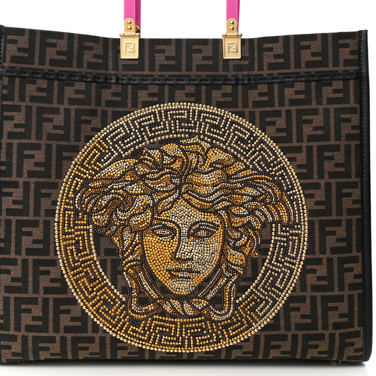 X VERSACE Fabric Jacquard Calfskin Plexiglass Fendace FF Medusa Studded Large Fendi Sunshine Shopper Tote Marrone Fuxia