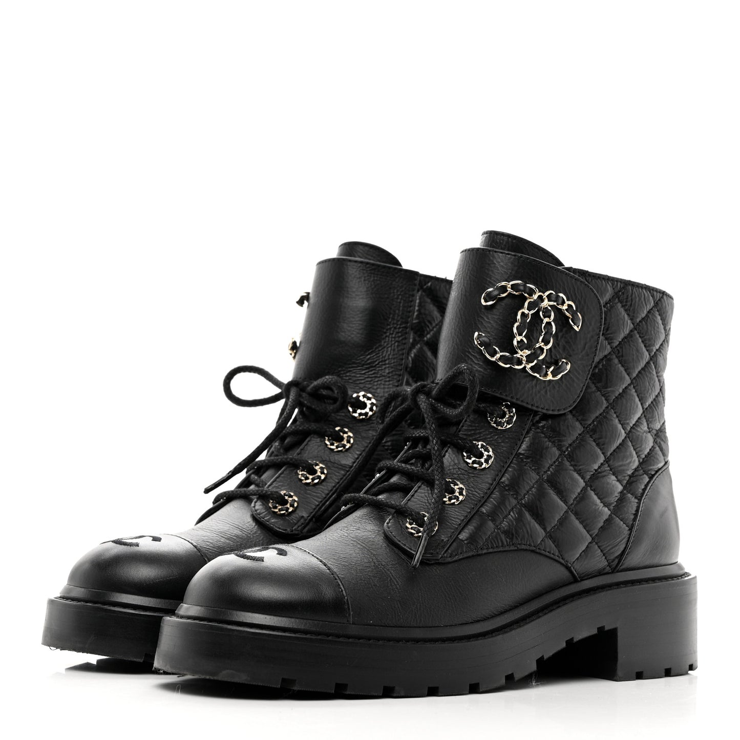 Shiny Calfskin Quilted Lace Up Combat Boots 37.5 Black