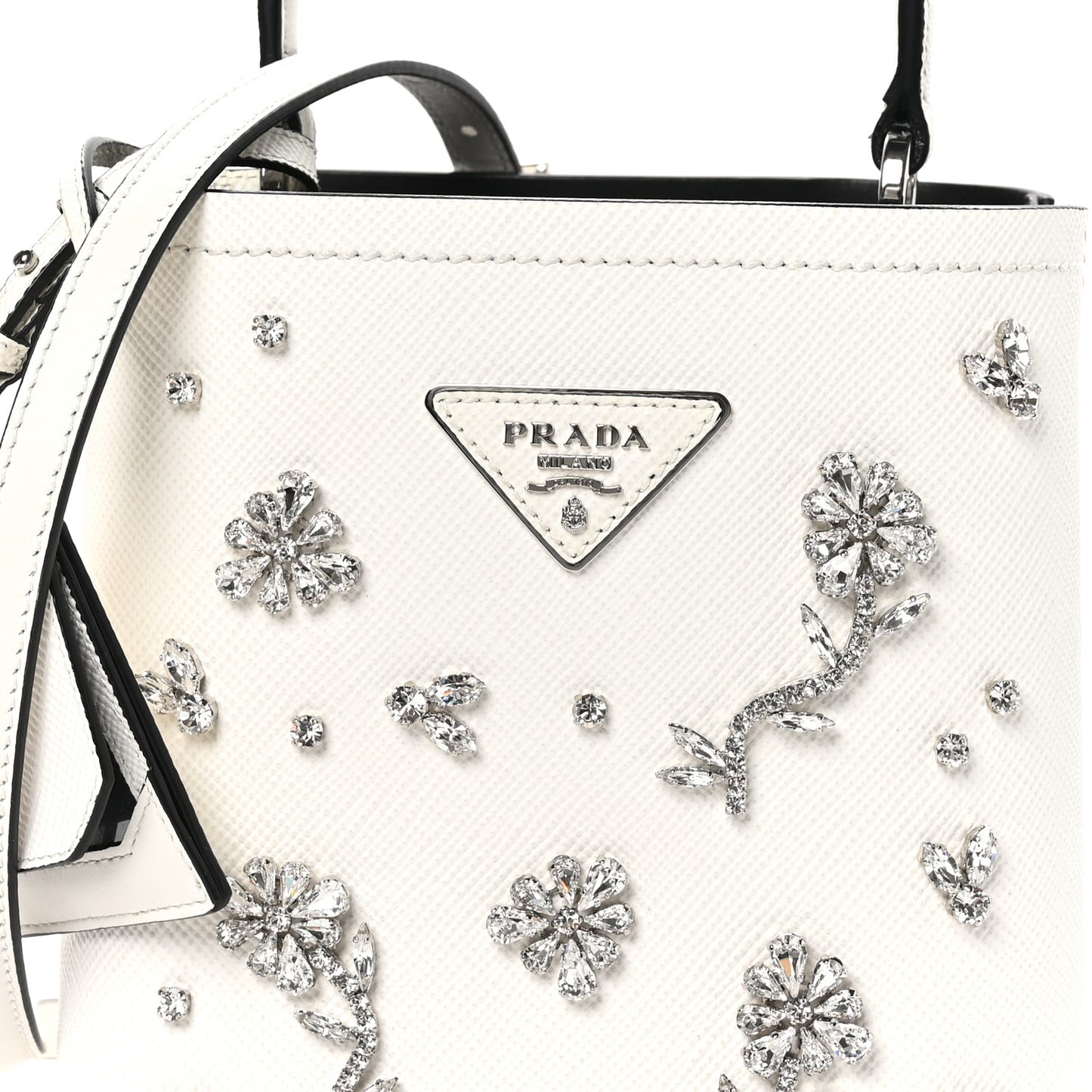 Saffiano Cuir Crystal Small Panier Bucket Bag White Black