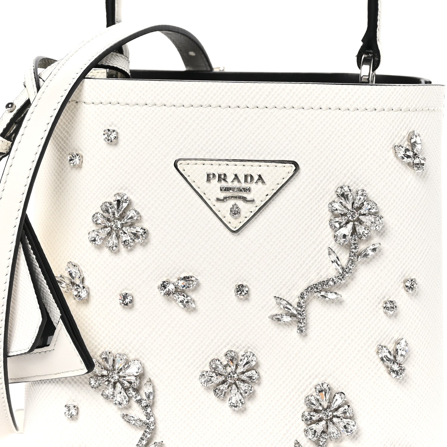Prada Saffiano Cuir Crystal Small Panier Bucket Bag White Black 7 of 9