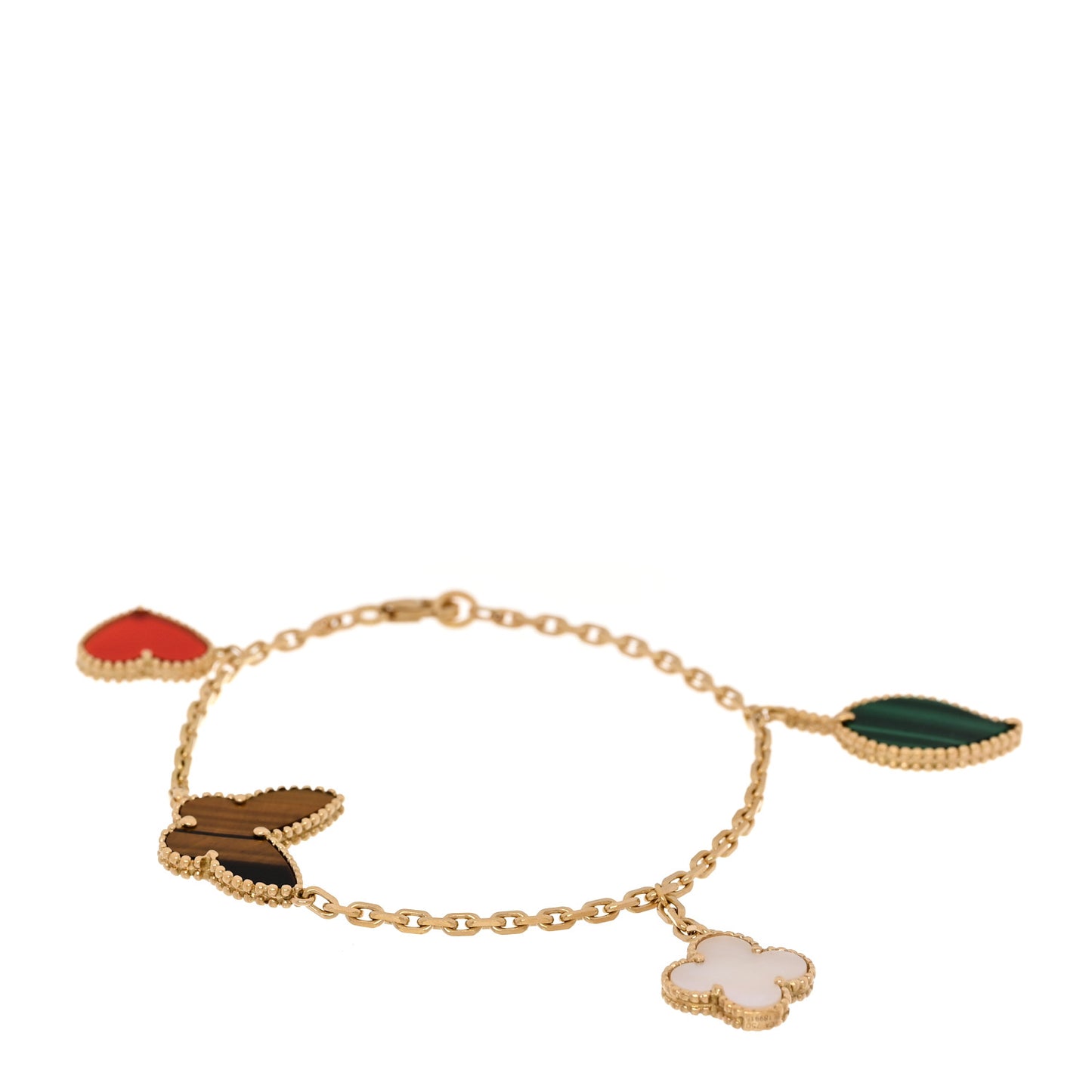 18K Yellow Gold Mother of Pearl Malachite Carnelian Tiger Eye 4 Motifs Lucky Alhambra Bracelet