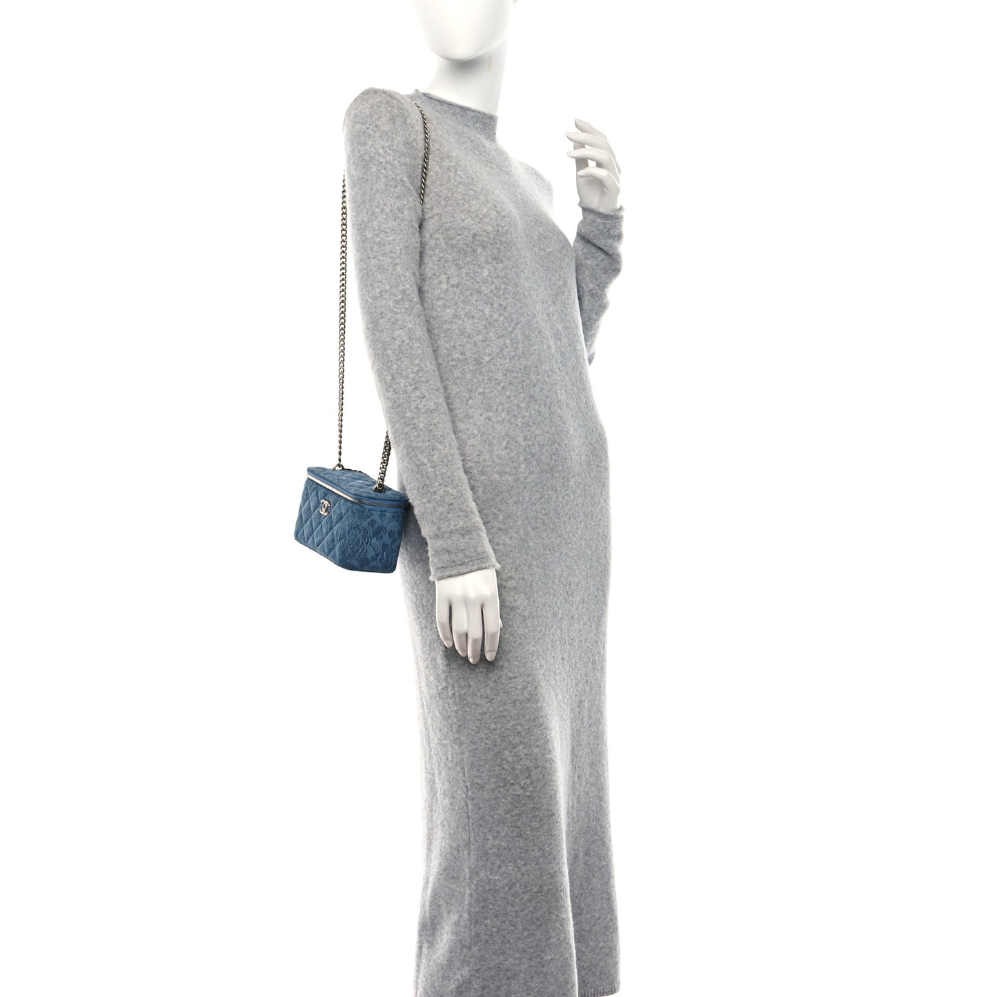 Denim Quilted Sweetheart Small Vanity Case With Chain Blue